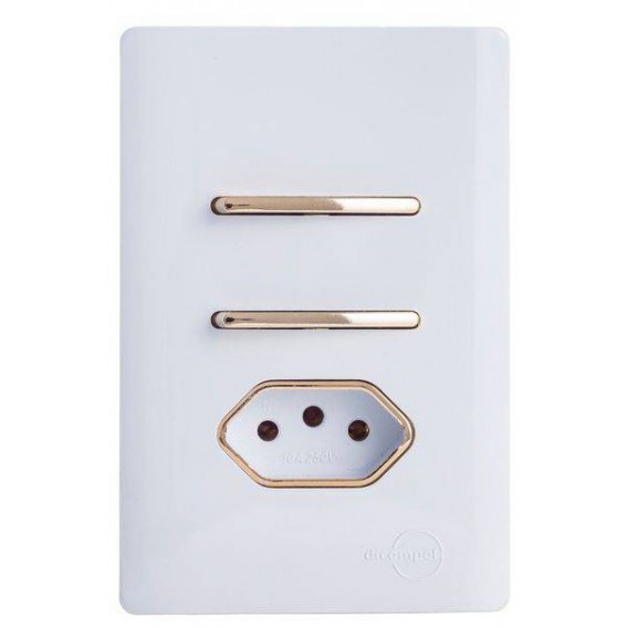Conjunto Interruptor Duplo Simples + Tomada 10A 4x2 - Novara Branco Brilhante Gold